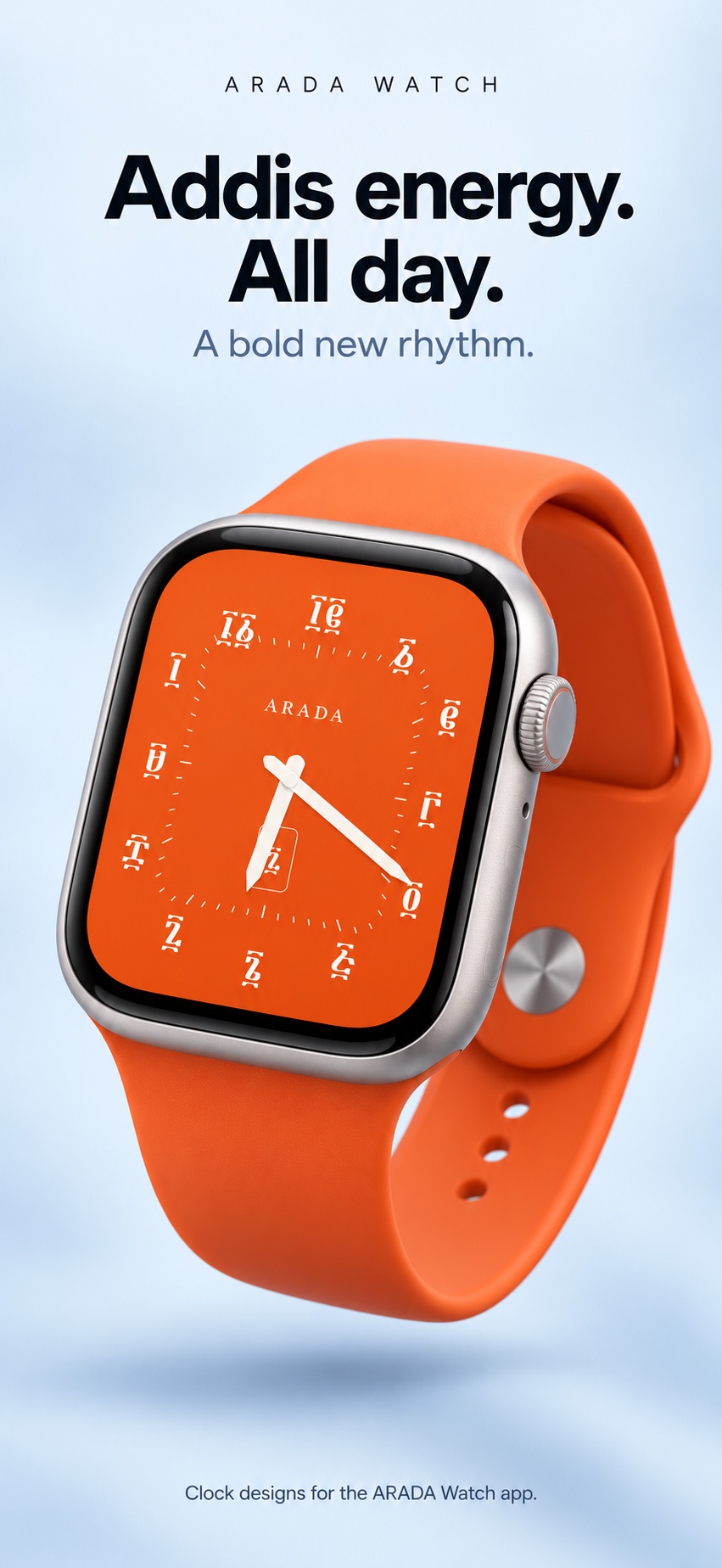 Bright orange ARADA Ember analog clock on an Apple Watch