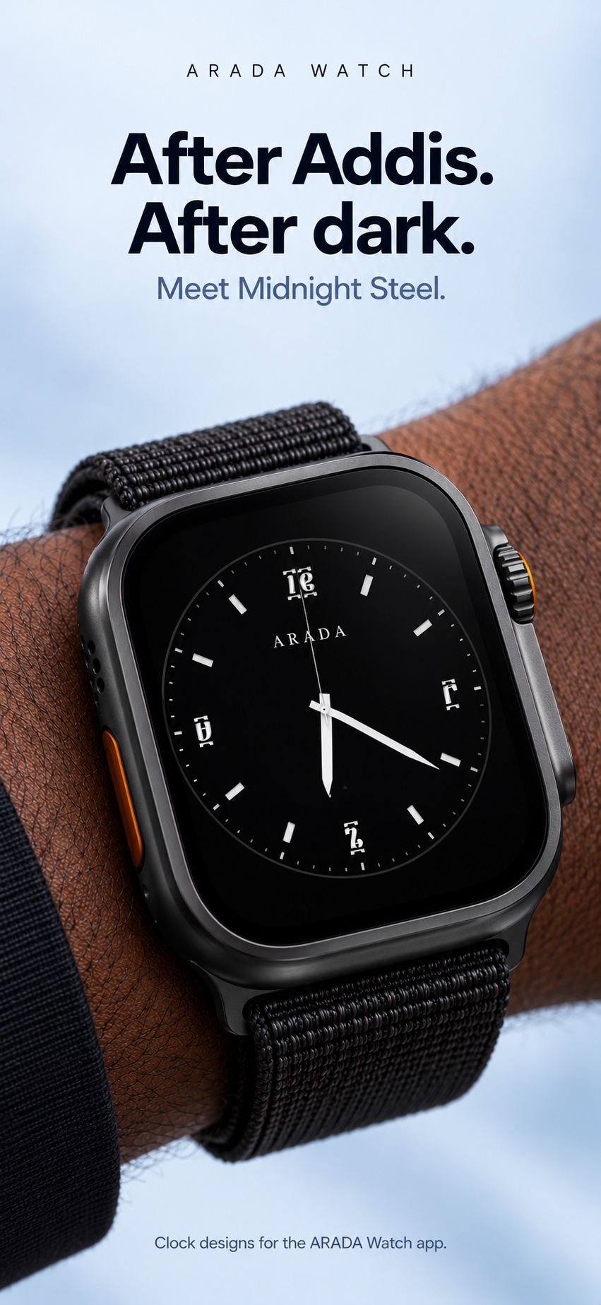 Black ARADA Midnight Steel dial on a silver Apple Watch